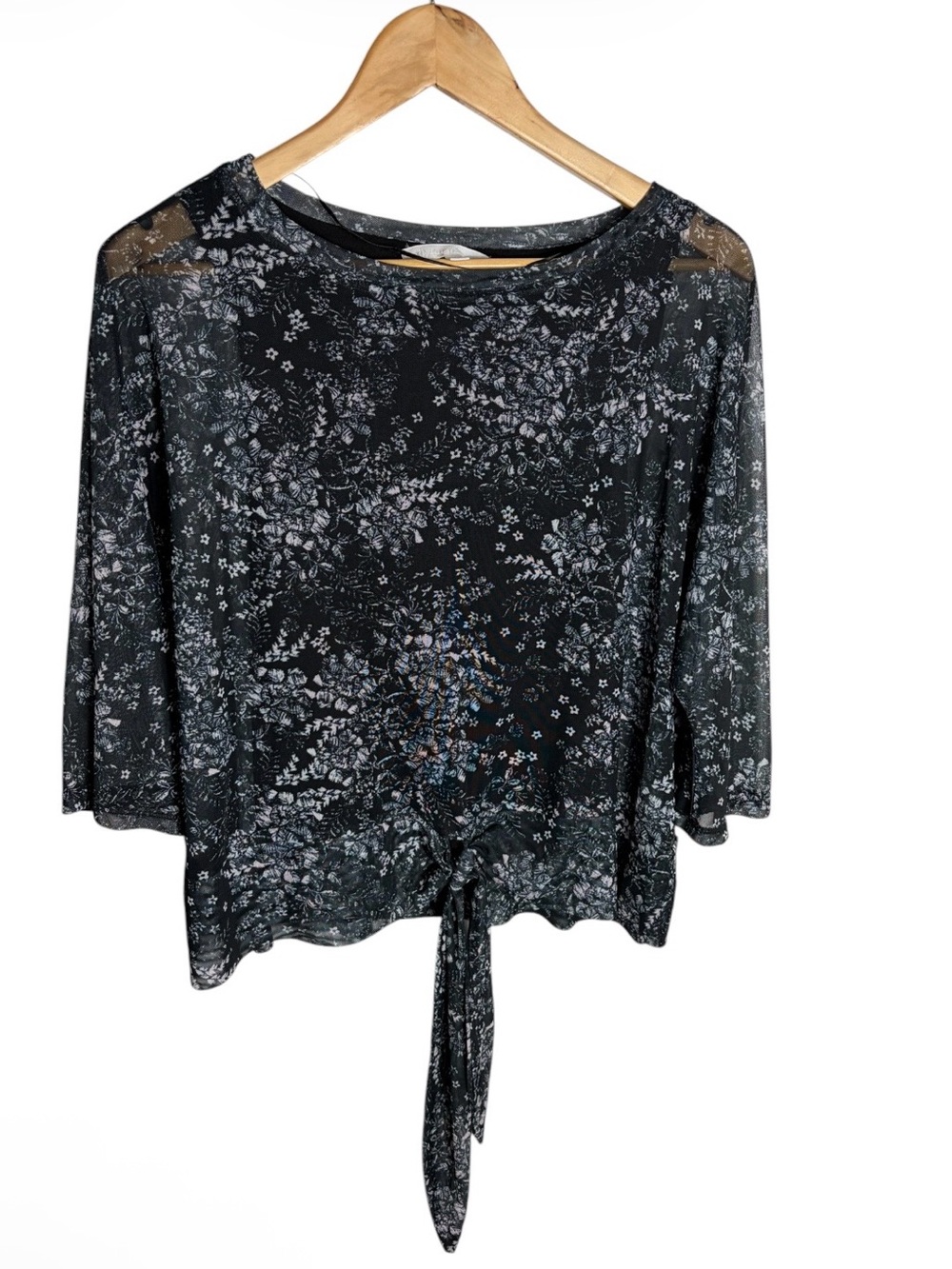 Black & white floral mesh boatneck blouse with tie front size XS